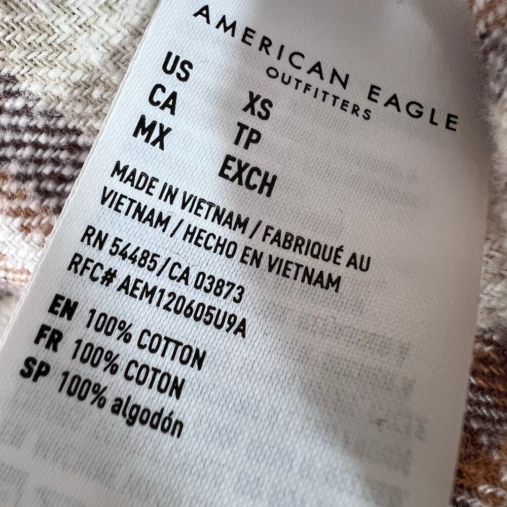 American Eagle Flannel Shirt Cropped XS Women Brown Beige 100% Cotton Neutral - Picture 5 of 6
